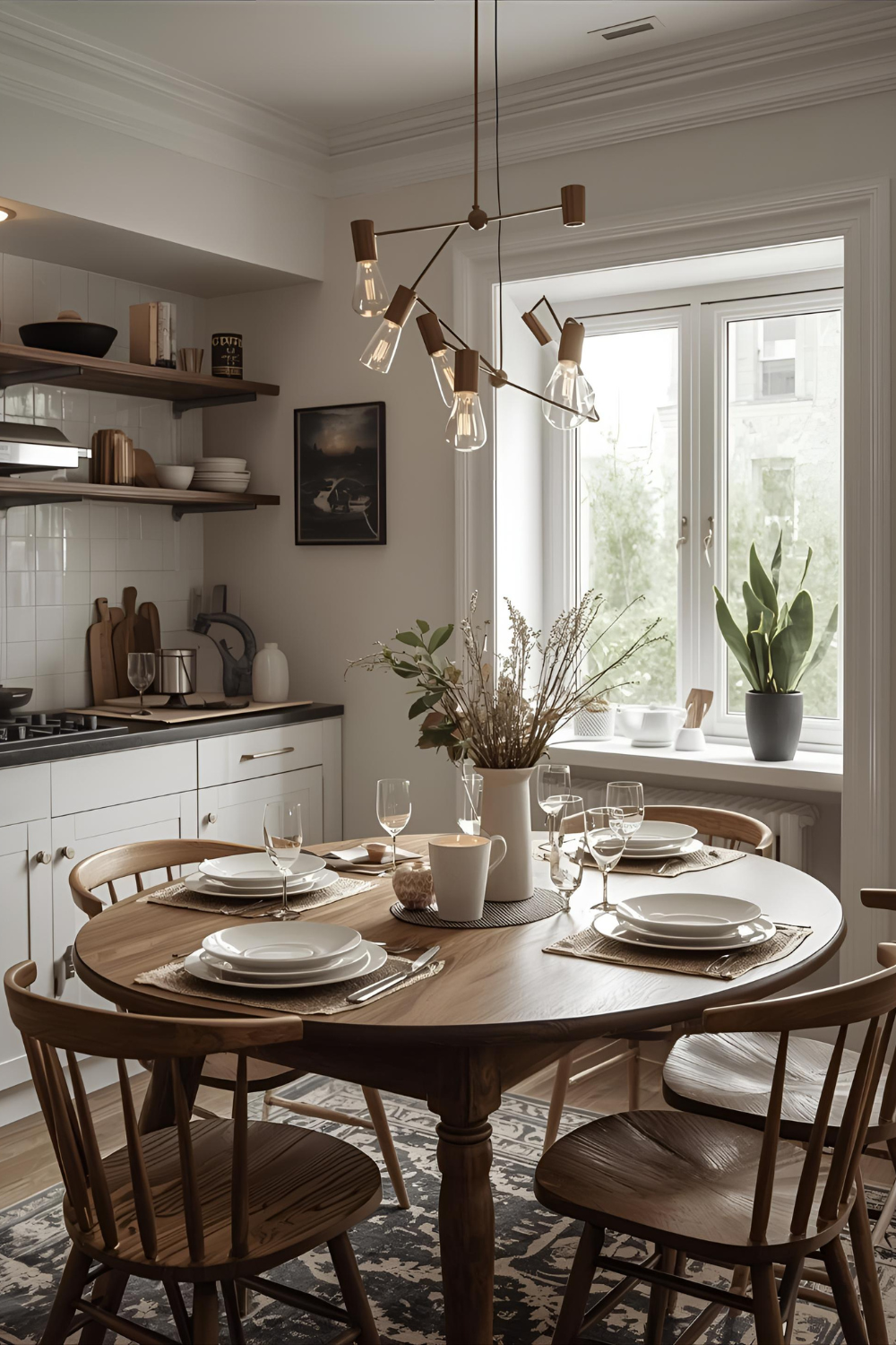 Scandinavian kitchen with warm wood tones, round wooden dining table styled with beige placemats, white ceramic plates, 
    gold cutlery, and a vase with neutral dried flowers — cozy minimalist dining space inspiration.